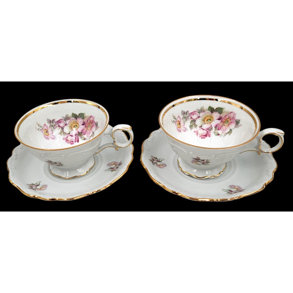 Two Schumann Arzberg Briar Rose Cup & Saucer Set Bavaria Germany Gold Trim 1950s - Picture 5 of 16
